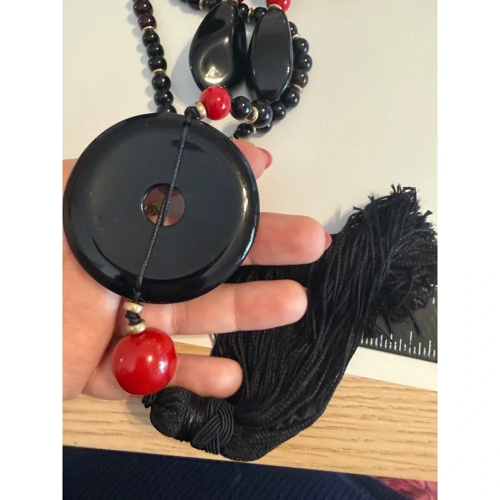 Chicos Black Red Beaded Statement Necklace Long Tassel Pendant Gold Tone Clasp‎